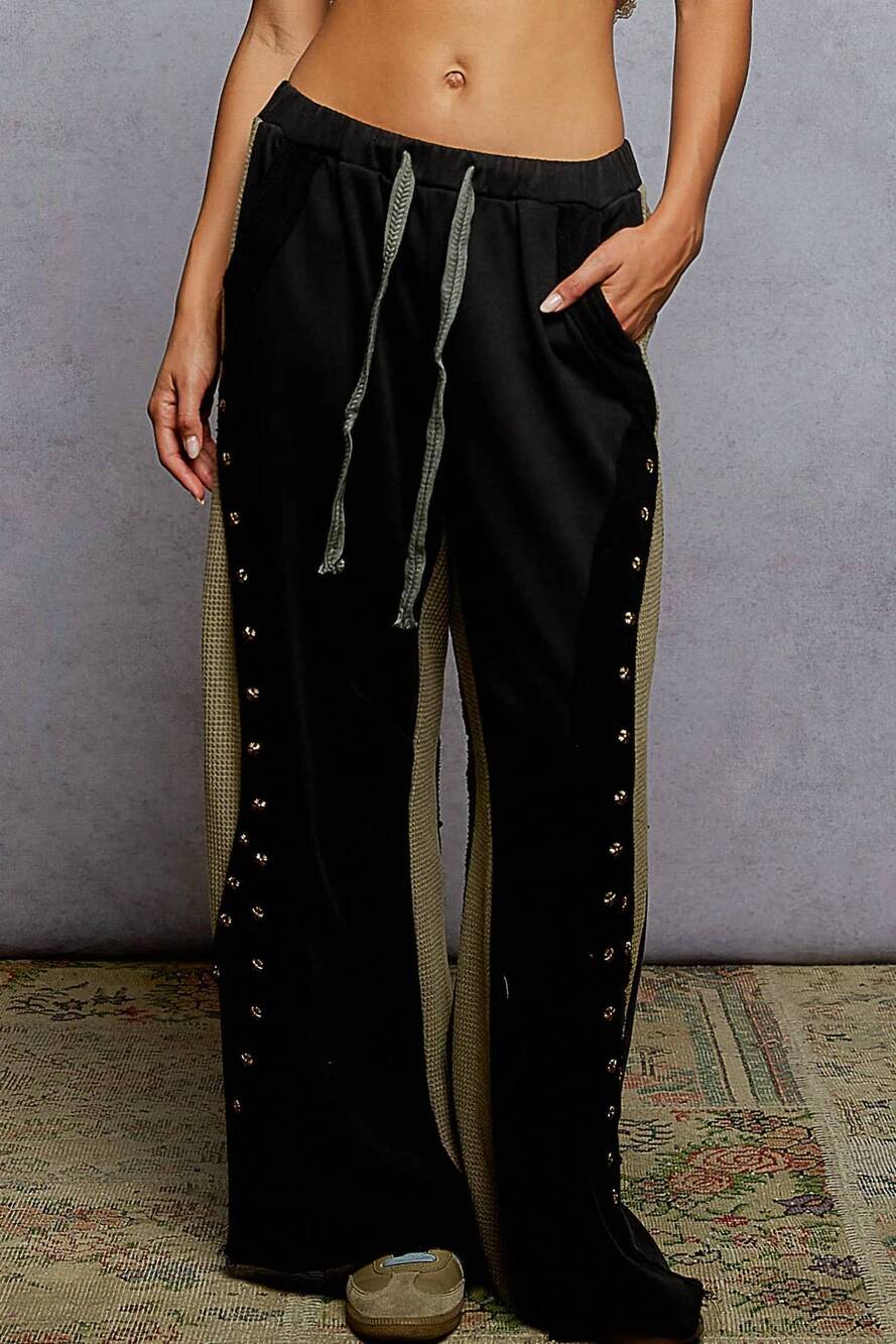 NEW POL french terry stud detail wide fit knit pants in black